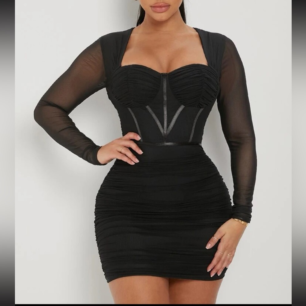 SHEIN SXY Ruched Sheer Mesh Long Sleeve Mini Dress.